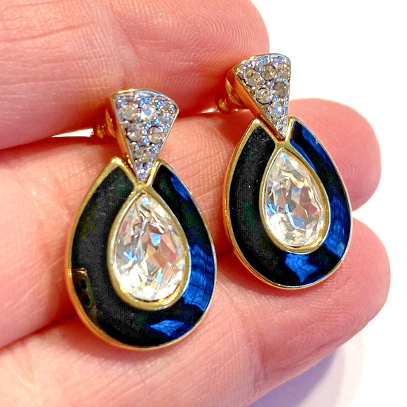 Dressy Pierced Earrings Classic Goldtone Black Enamel & Crystal Doorknocker Chic - Picture 2 of 5